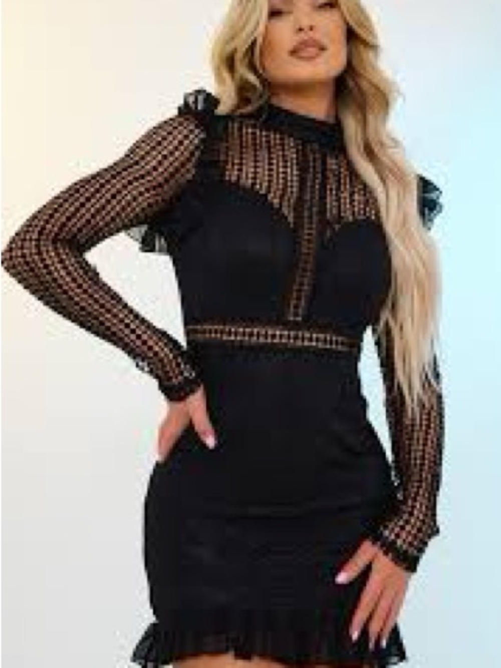 NWT - PrettyLittleThing Black Lace Long Sleeve Mini Dress, Size 6 - Picture 2 of 10